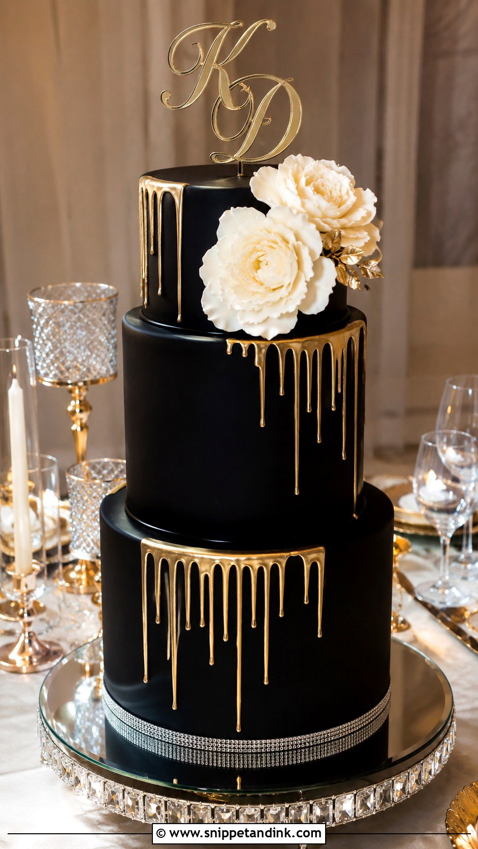 Black Fondant Gold Drip Wedding Cake - Snippet and Ink - 20 Black and Gold Drip Cake Ideas for Wedding