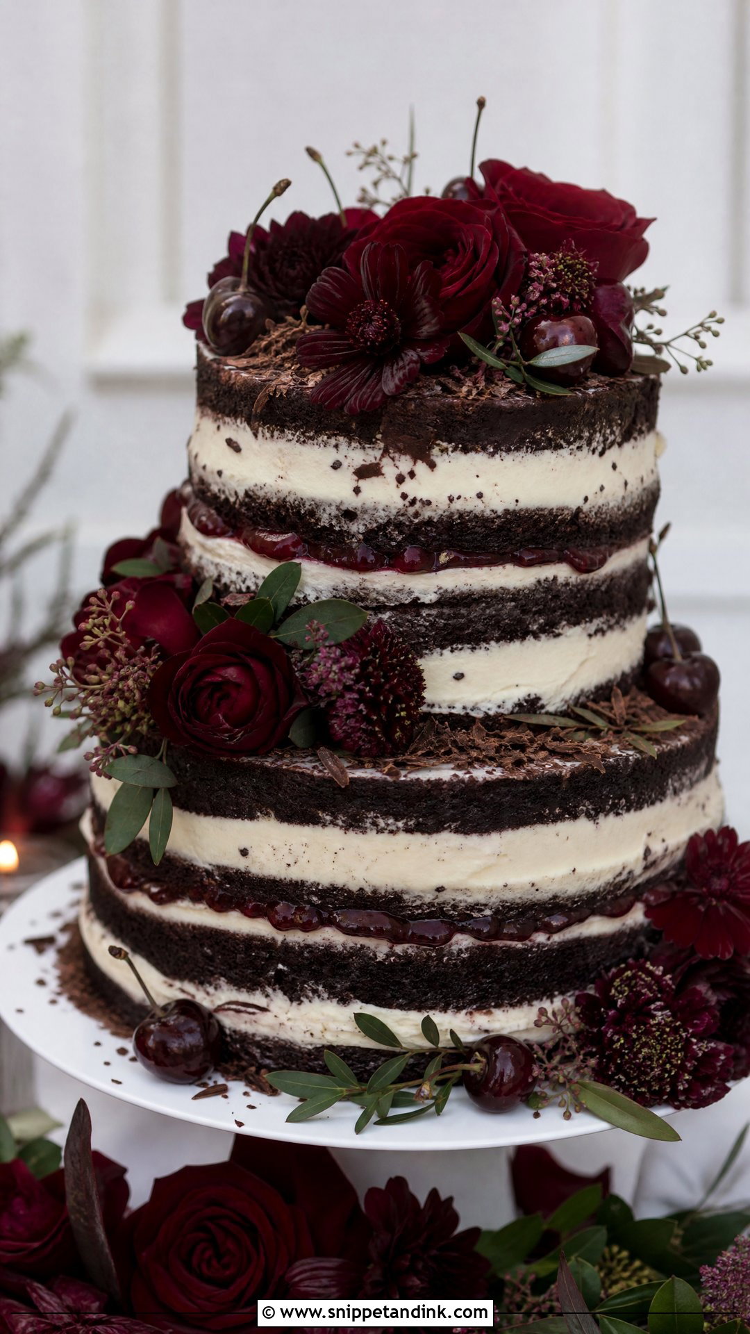 Black Forest Cookie Cake With Burgundy Flowers - Snippet and Ink - 25 Black Forest Cookie X Wedding Cake Ideas