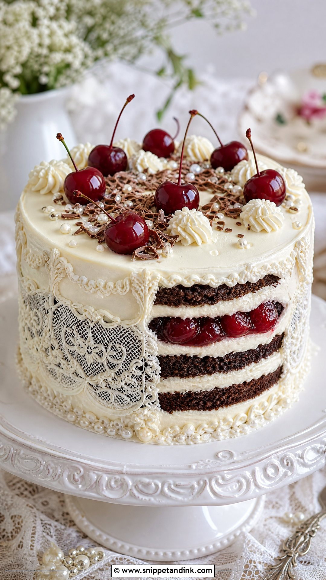 Black Forest Cookie Cake With Lace Piping - Snippet and Ink - 25 Black Forest Cookie X Wedding Cake Ideas