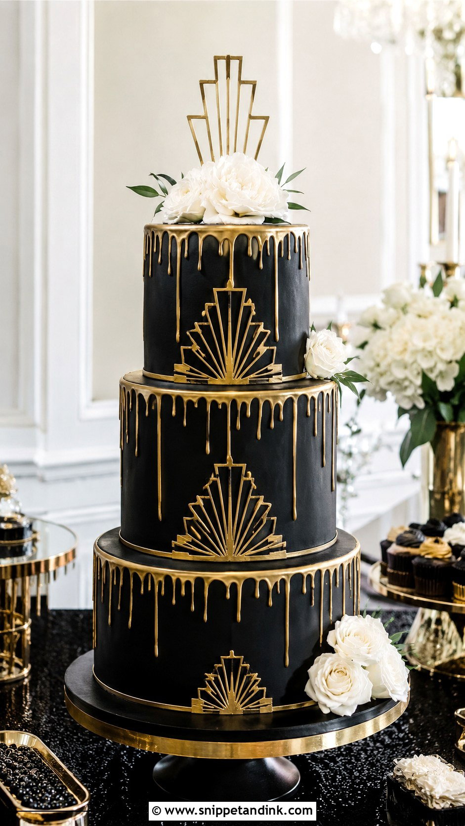 Black Gold Drip Cake With Art Deco Style - Snippet and Ink - 20 Black and Gold Drip Cake Ideas for Wedding
