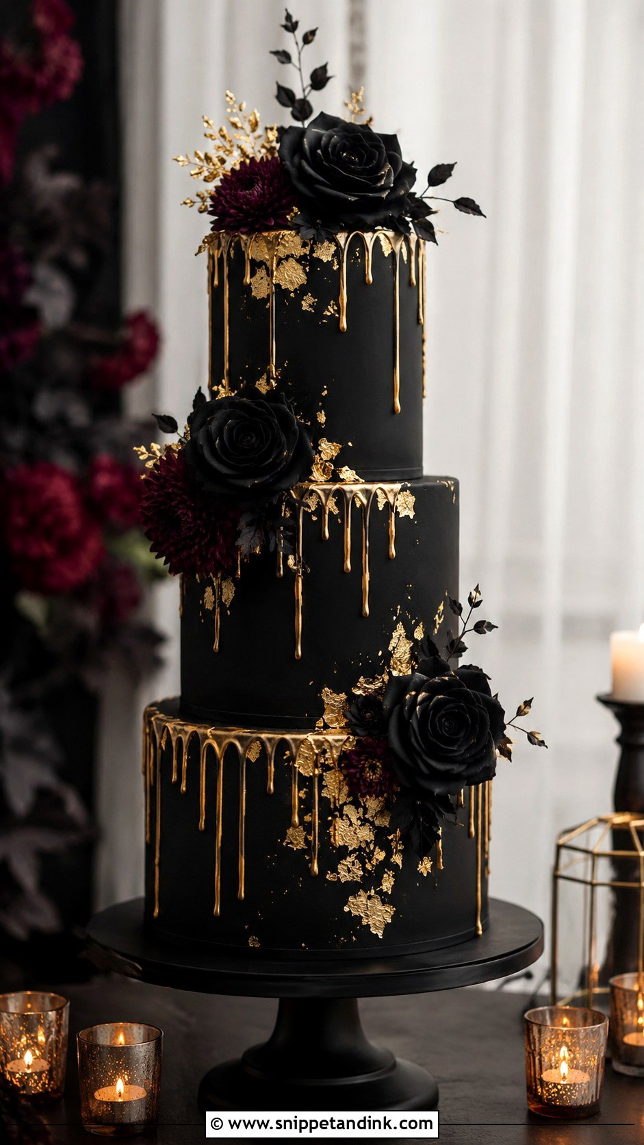 Black Gold Drip Cake With Black Flowers - Snippet and Ink - 20 Black and Gold Drip Cake Ideas for Wedding