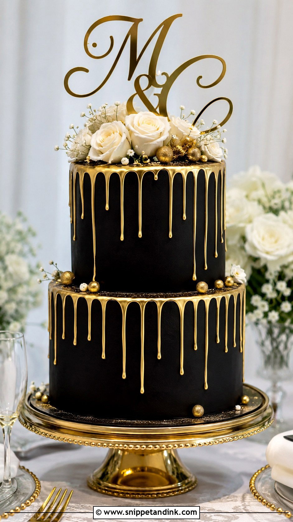 Black Gold Drip Cake With Champagne Topper - Snippet and Ink - 20 Black and Gold Drip Cake Ideas for Wedding