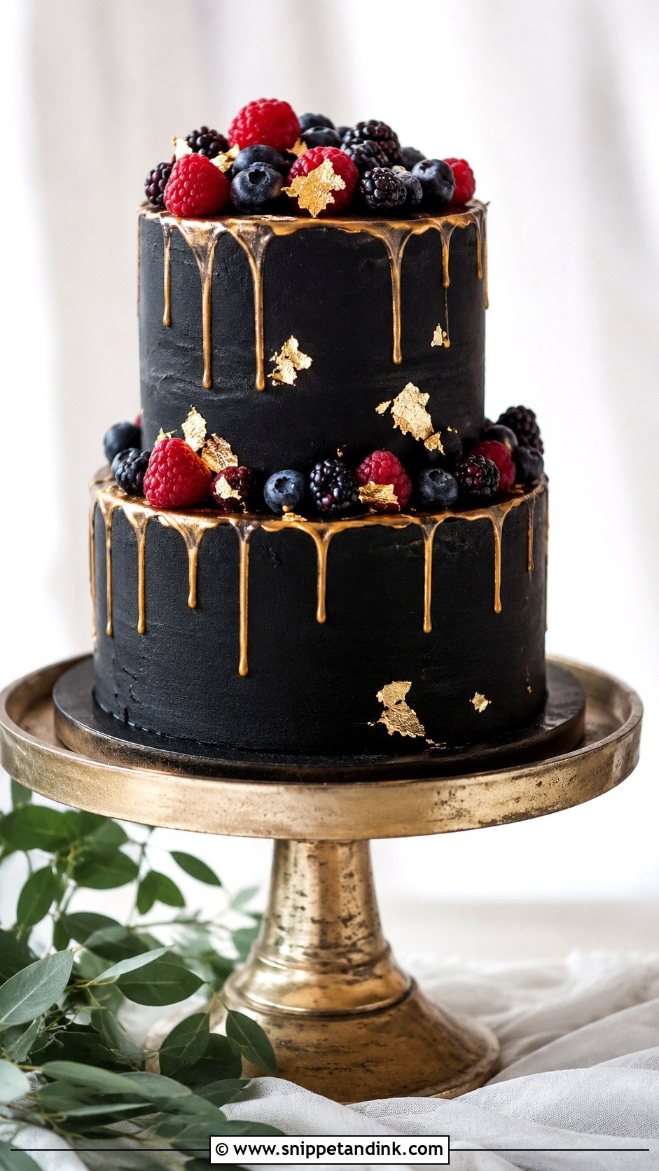 Black Gold Drip Cake With Fresh Berries - Snippet and Ink - 20 Black and Gold Drip Cake Ideas for Wedding