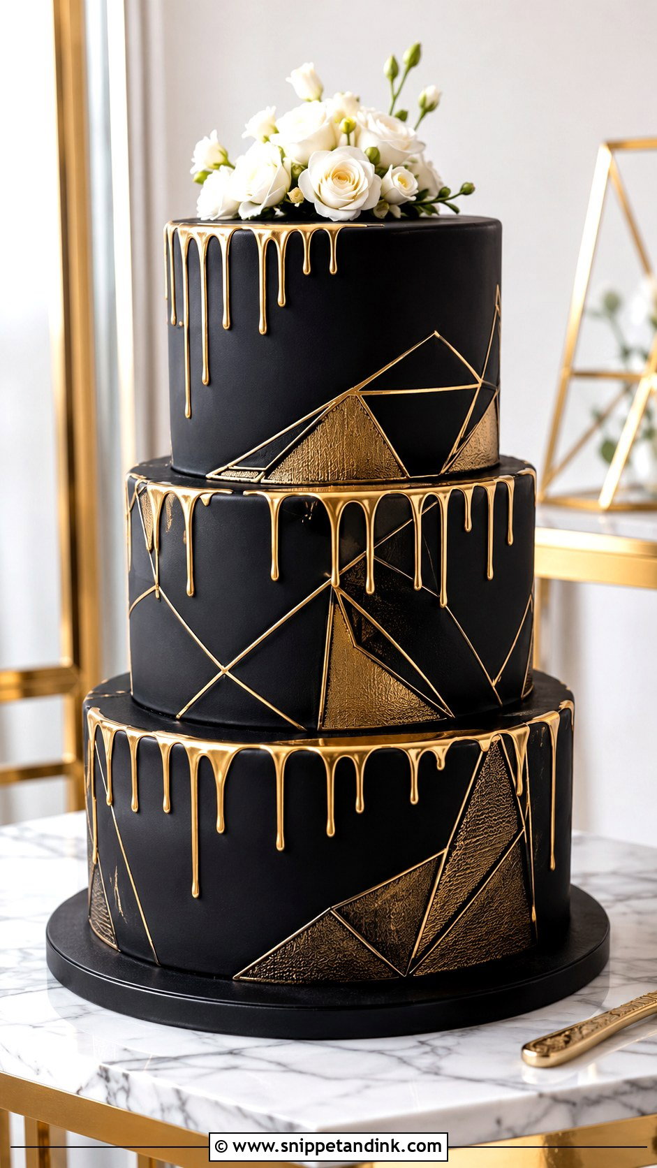 Black Gold Drip Cake With Geometric Pattern - Snippet and Ink - 20 Black and Gold Drip Cake Ideas for Wedding