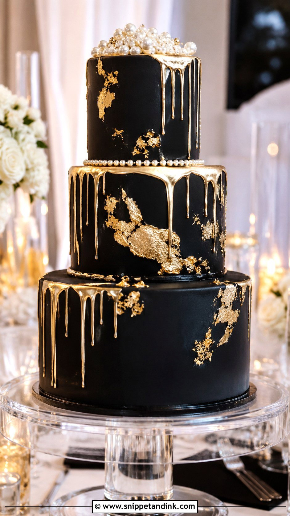 Black Gold Drip Cake With Gold Leaf - Snippet and Ink - 20 Black and Gold Drip Cake Ideas for Wedding