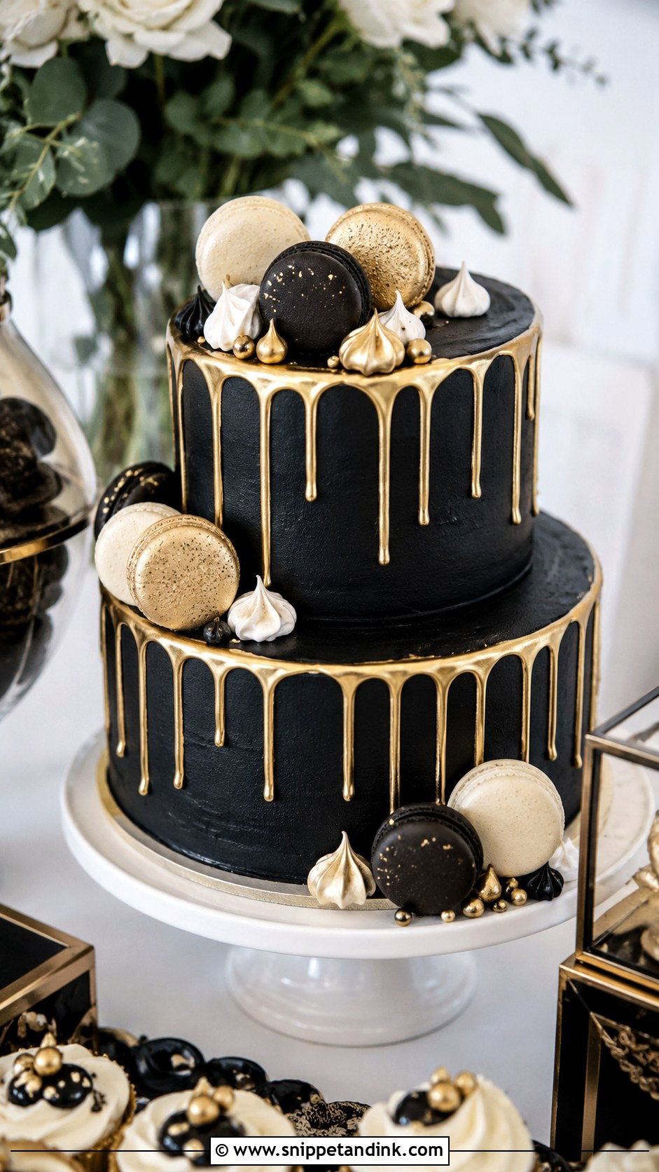 Black Gold Drip Cake With Macarons - Snippet and Ink - 20 Black and Gold Drip Cake Ideas for Wedding