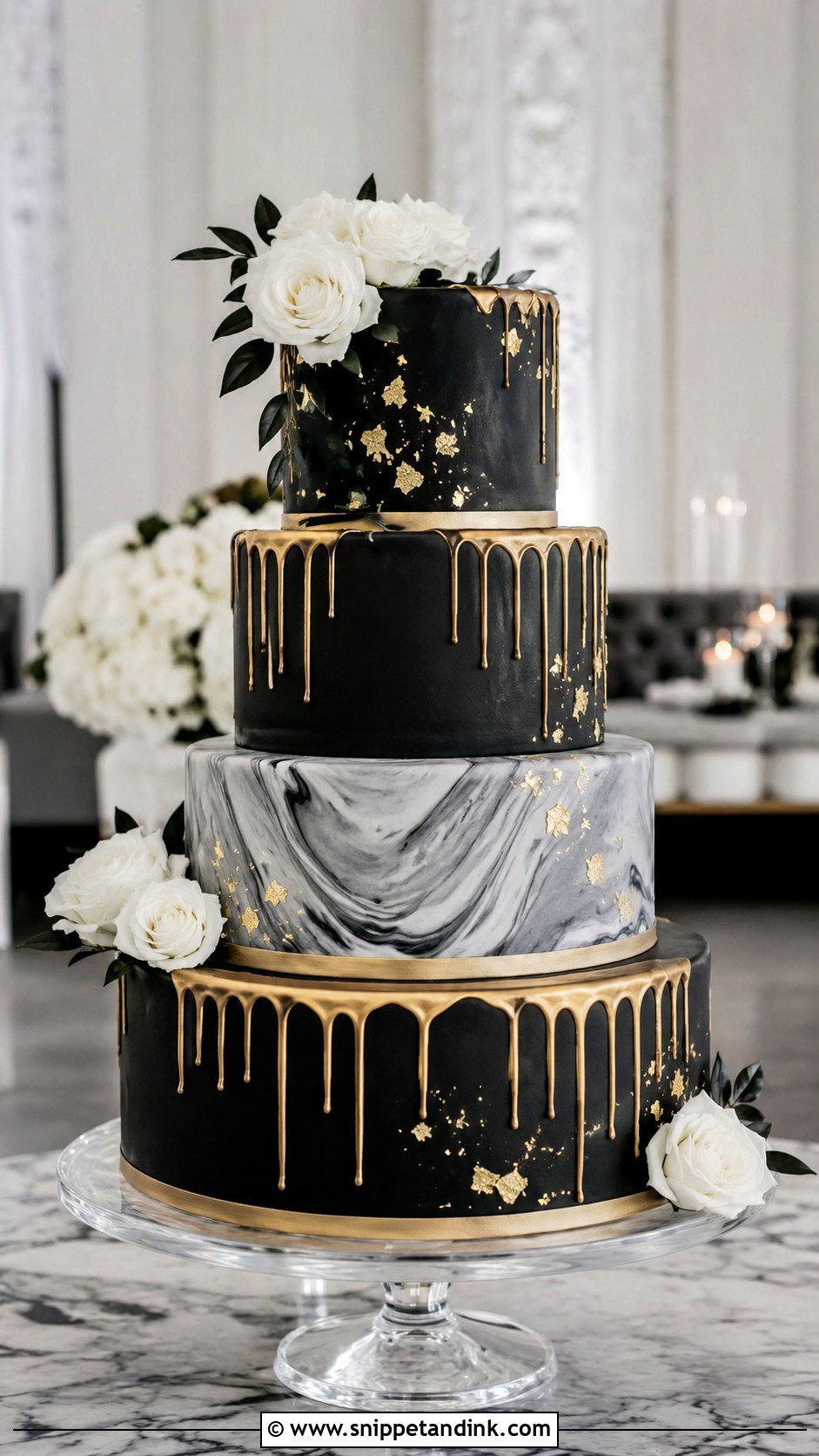 Black Gold Drip Cake With Marble Tier - Snippet and Ink - 20 Black and Gold Drip Cake Ideas for Wedding