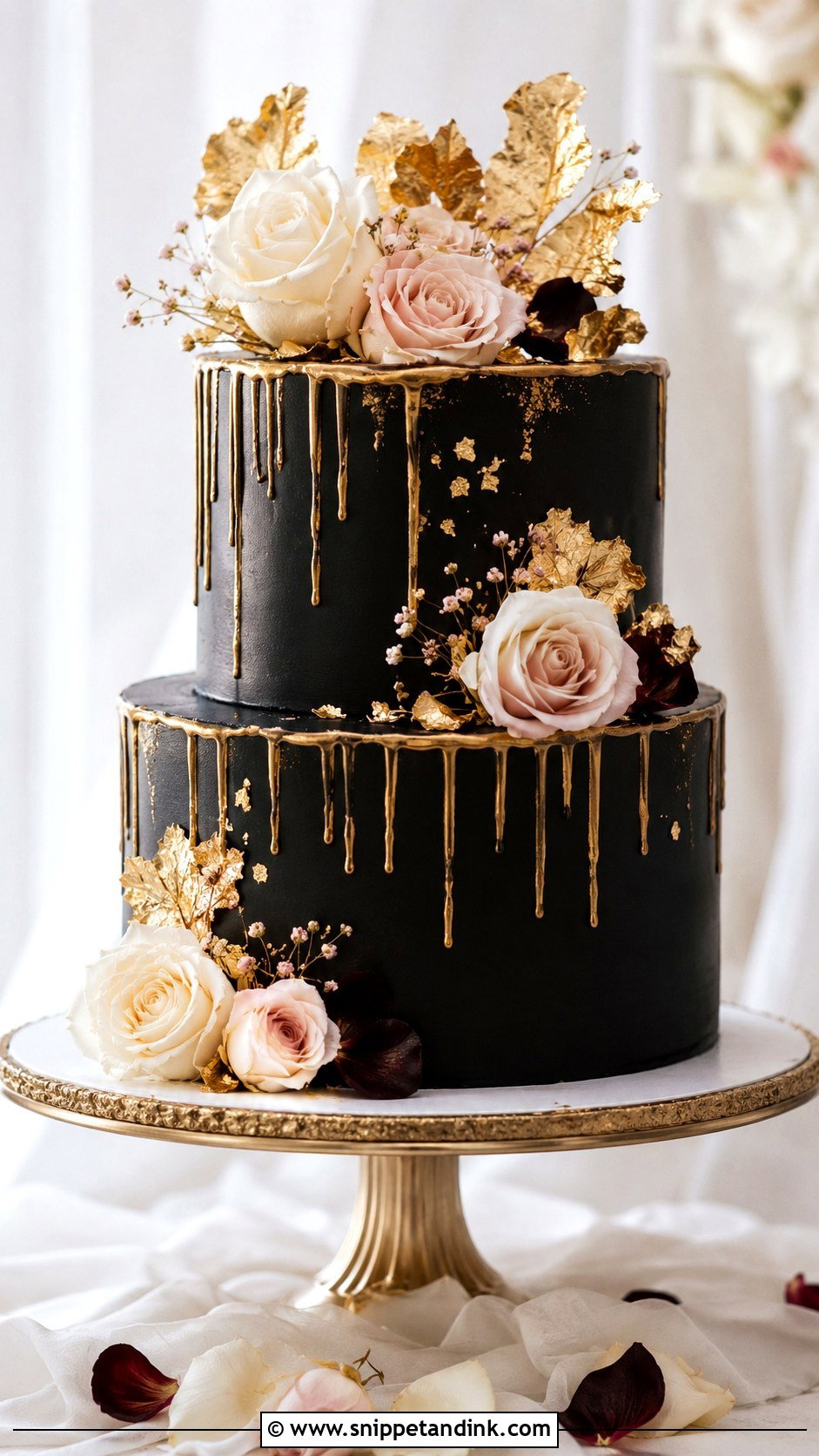 Black Gold Drip Cake With Roses - Snippet and Ink - 20 Black and Gold Drip Cake Ideas for Wedding
