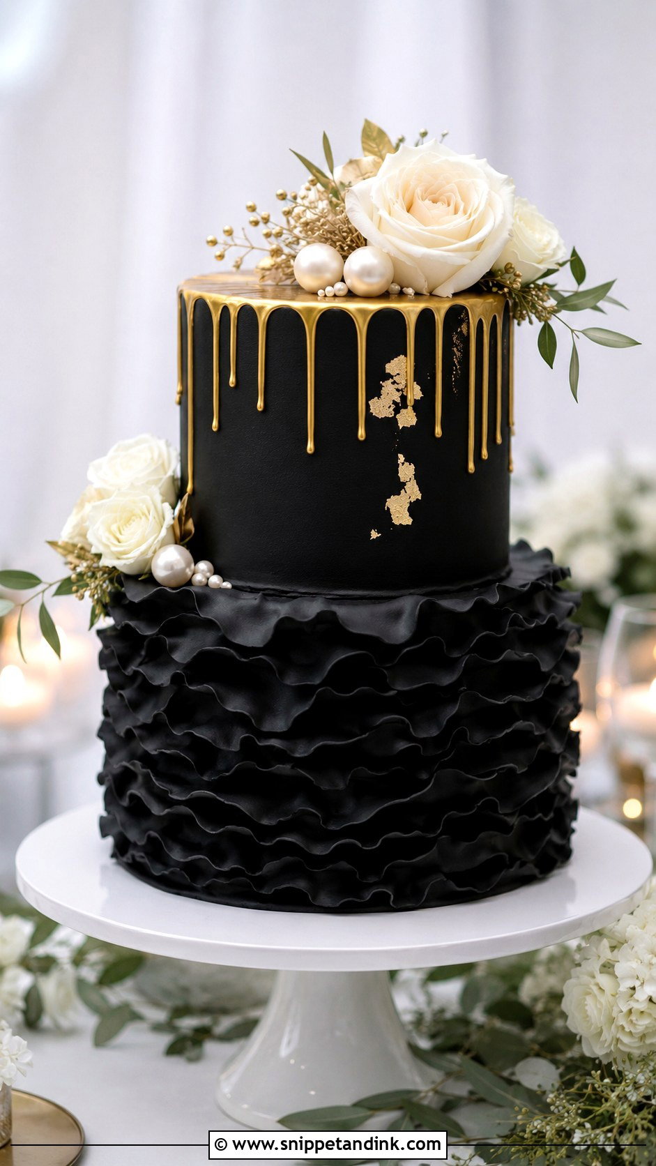 Black Gold Drip Cake With Ruffle Texture - Snippet and Ink - 20 Black and Gold Drip Cake Ideas for Wedding