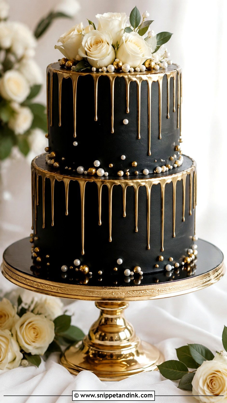 Black Gold Drip Cake With Sugar Pearls - Snippet and Ink - 20 Black and Gold Drip Cake Ideas for Wedding