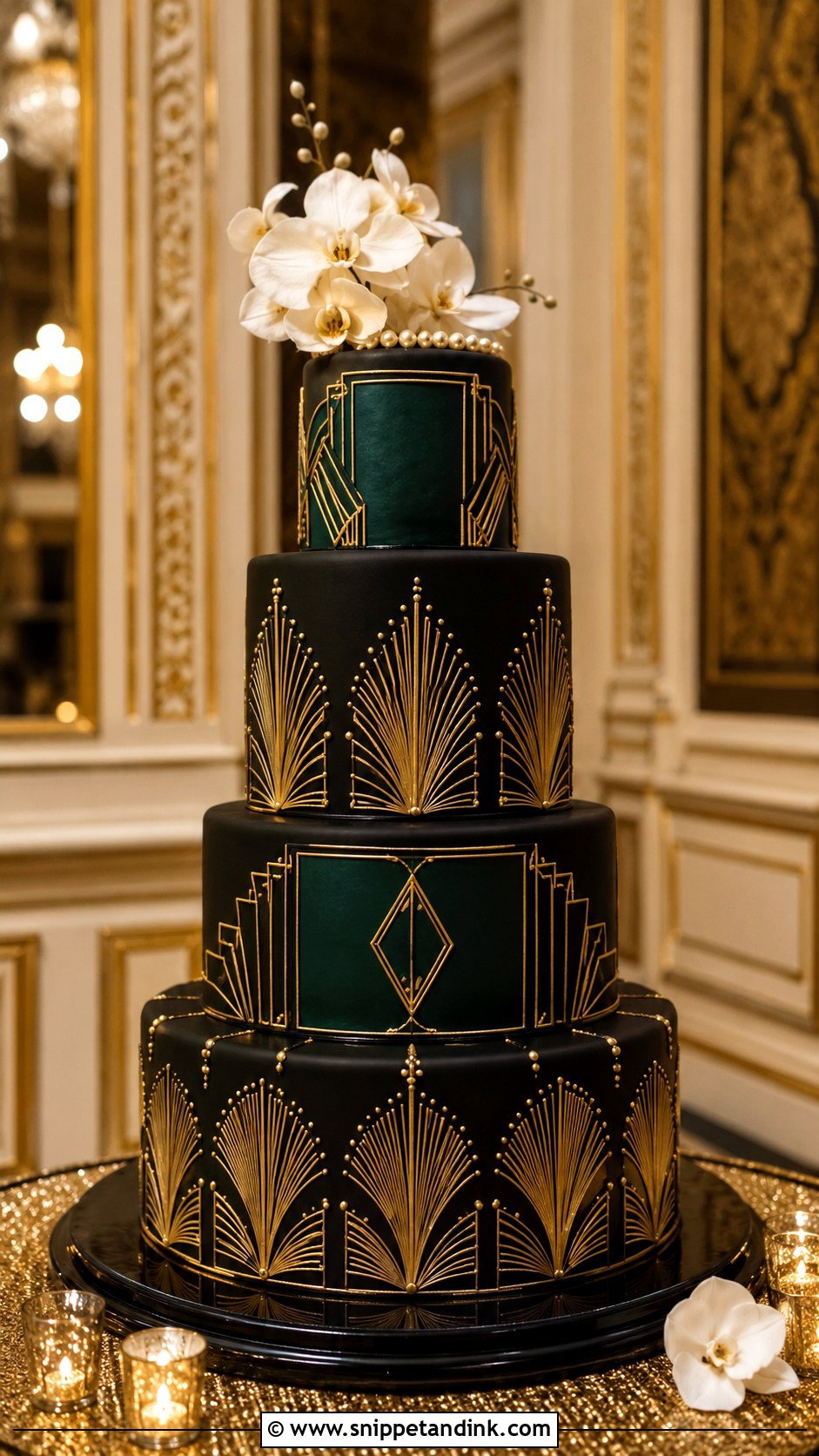 Black Green And Gold Art Deco Wedding Cake - Snippet and Ink - 20 Black Green and Gold Wedding Cake Ideas