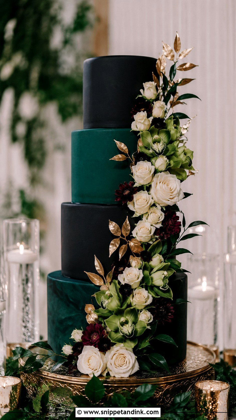 Black Green And Gold Floral Wedding Cake - Snippet and Ink - 20 Black Green and Gold Wedding Cake Ideas