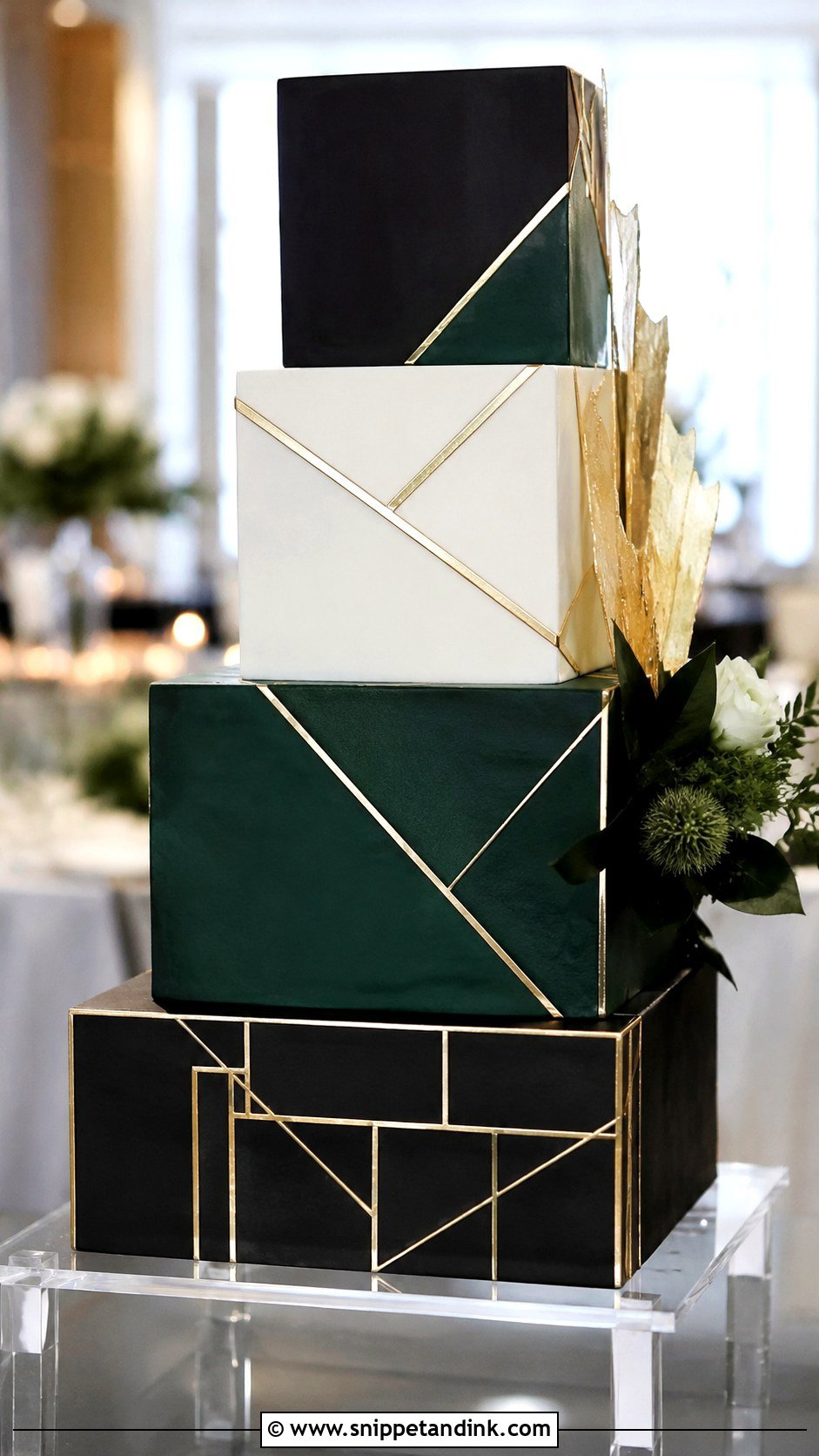 Black Green And Gold Geometric Wedding Cake - Snippet and Ink - 20 Black Green and Gold Wedding Cake Ideas