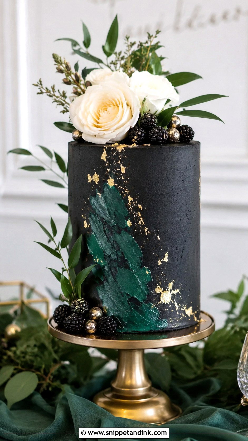 Black Green And Gold Single Tier Wedding Cake - Snippet and Ink - 20 Black Green and Gold Wedding Cake Ideas