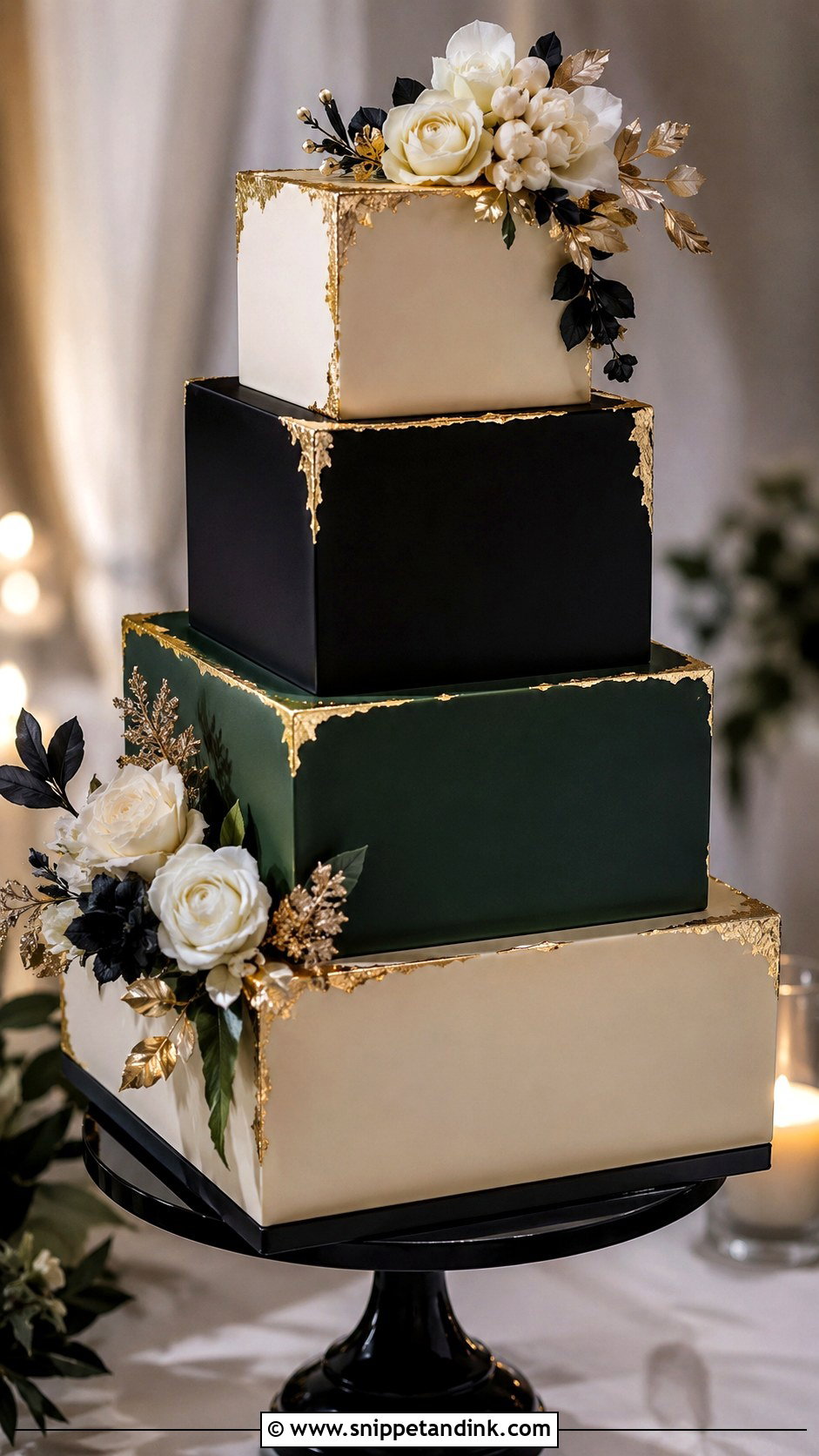 Black Green And Gold Square Wedding Cake - Snippet and Ink - 20 Black Green and Gold Wedding Cake Ideas