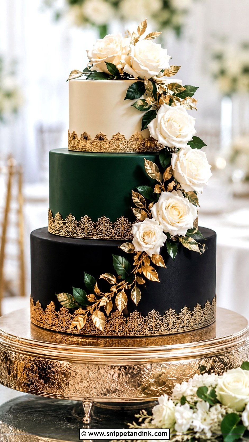 Black Green And Gold Three Tier Wedding Cake - Snippet and Ink - 20 Black Green and Gold Wedding Cake Ideas