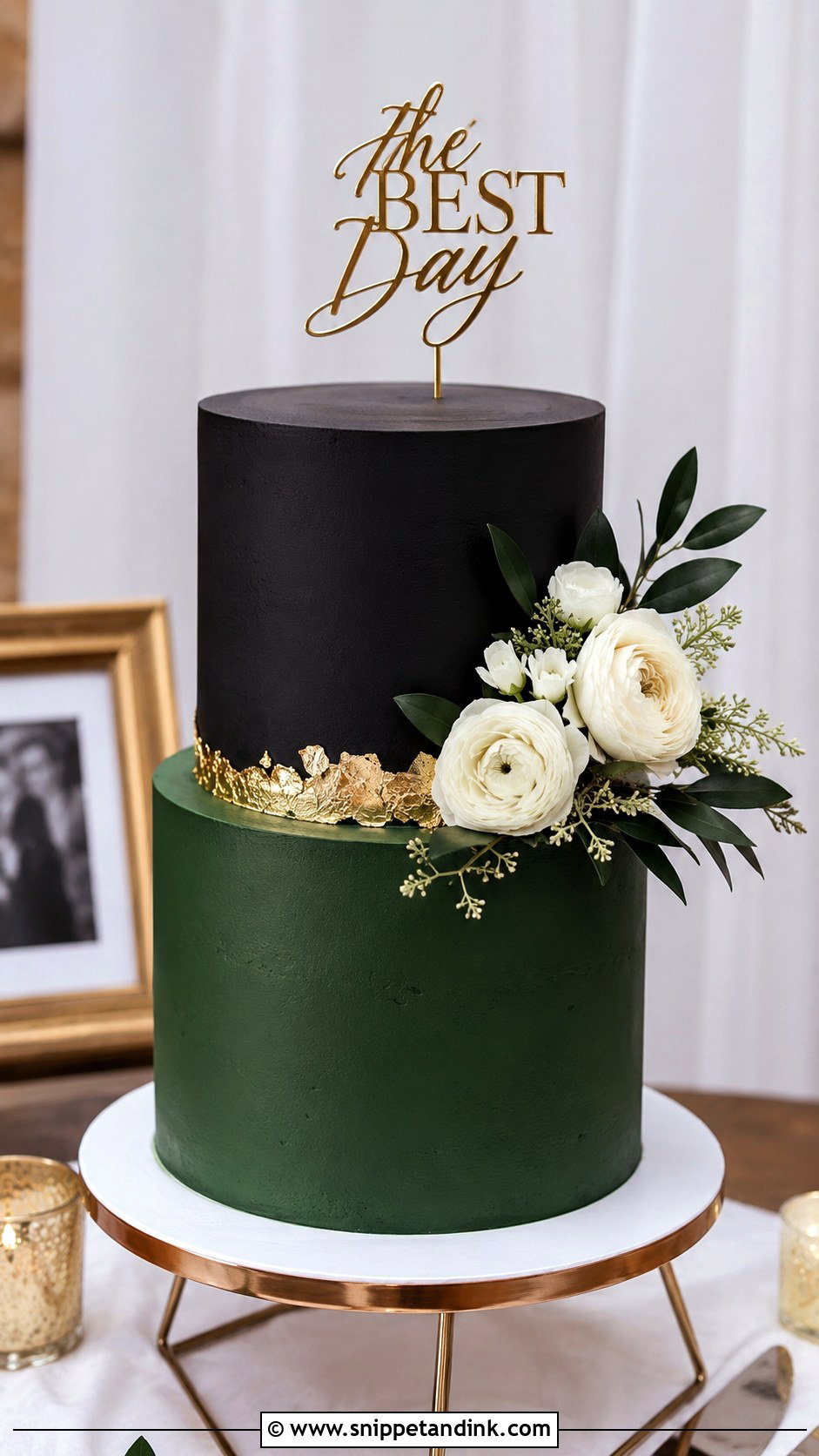 Black Green And Gold Two Tier Wedding Cake - Snippet and Ink - 20 Black Green and Gold Wedding Cake Ideas
