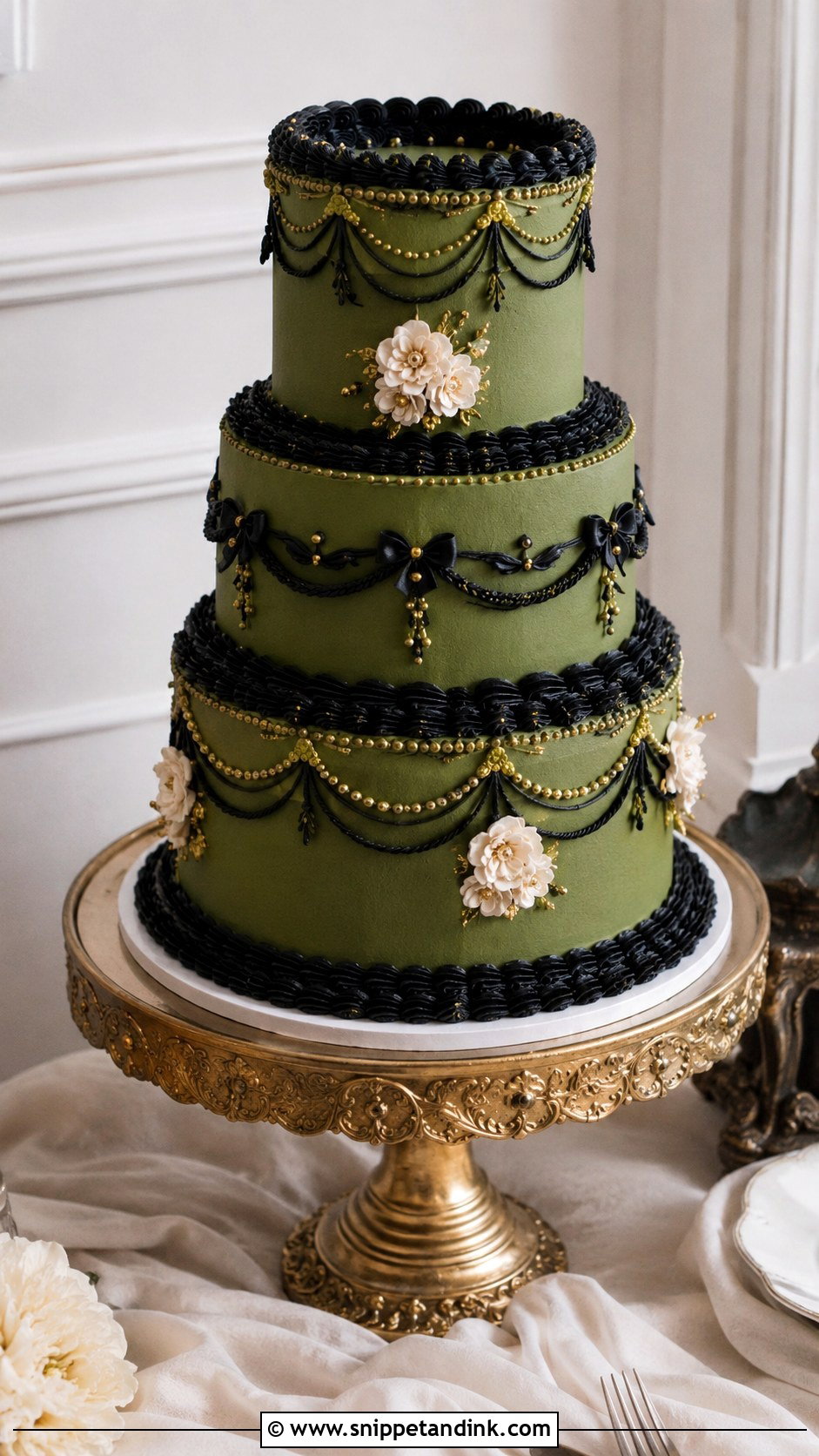 Black Green And Gold Vintage Wedding Cake - Snippet and Ink - 20 Black Green and Gold Wedding Cake Ideas