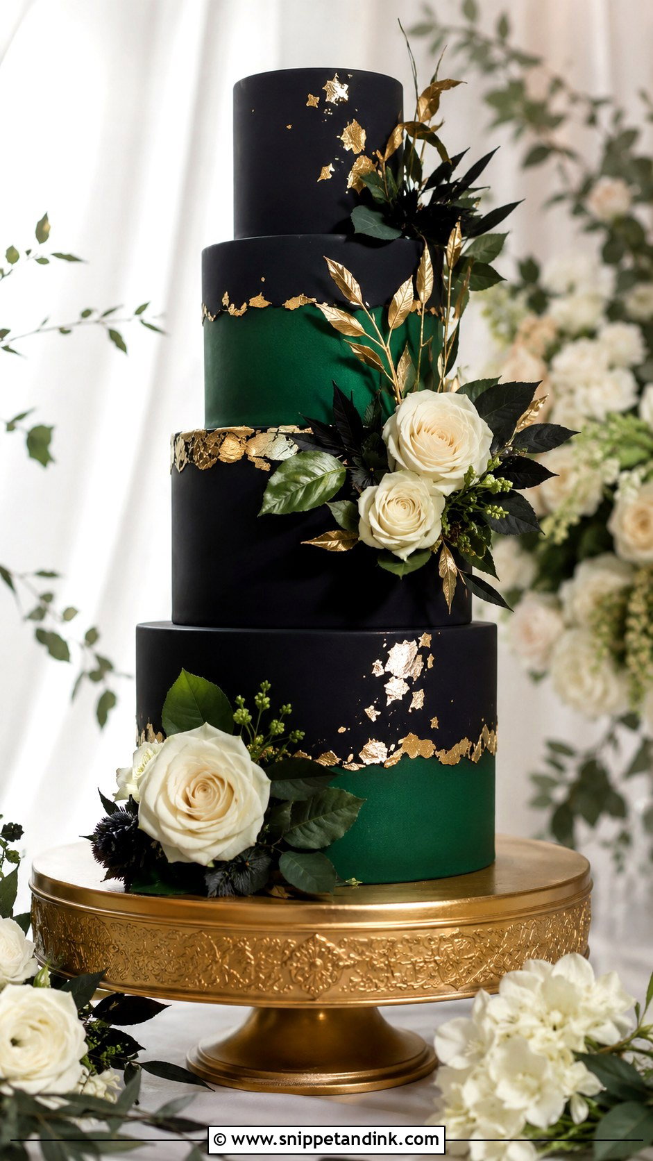 Black Green And Gold Wedding Cake With Gold Leaf - Snippet and Ink - 20 Black Green and Gold Wedding Cake Ideas