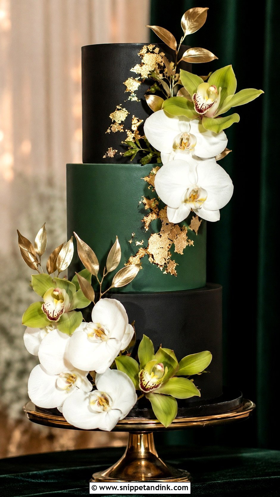Black Green And Gold Wedding Cake With Orchids - Snippet and Ink - 20 Black Green and Gold Wedding Cake Ideas