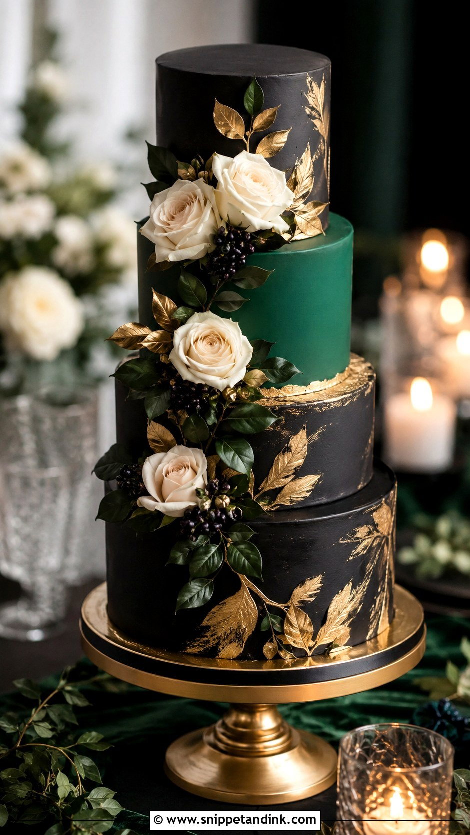 Black Green And Gold Wedding Cake With Roses - Snippet and Ink - 20 Black Green and Gold Wedding Cake Ideas