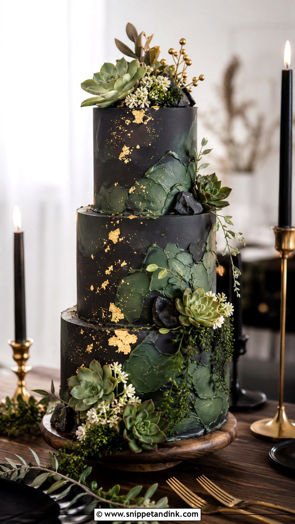 Black Green And Gold Wedding Cake With Succulents - Snippet and Ink - 20 Black Green and Gold Wedding Cake Ideas