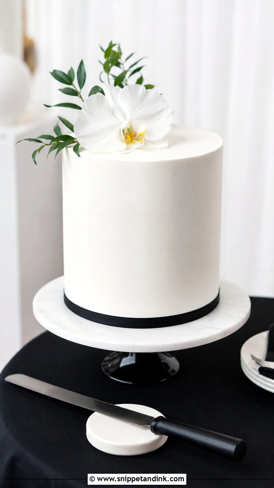 Black Handle Wedding Cake Knife With Minimalist Cake - Snippet and Ink - 30 Wedding Cake Knife Decoration Ideas