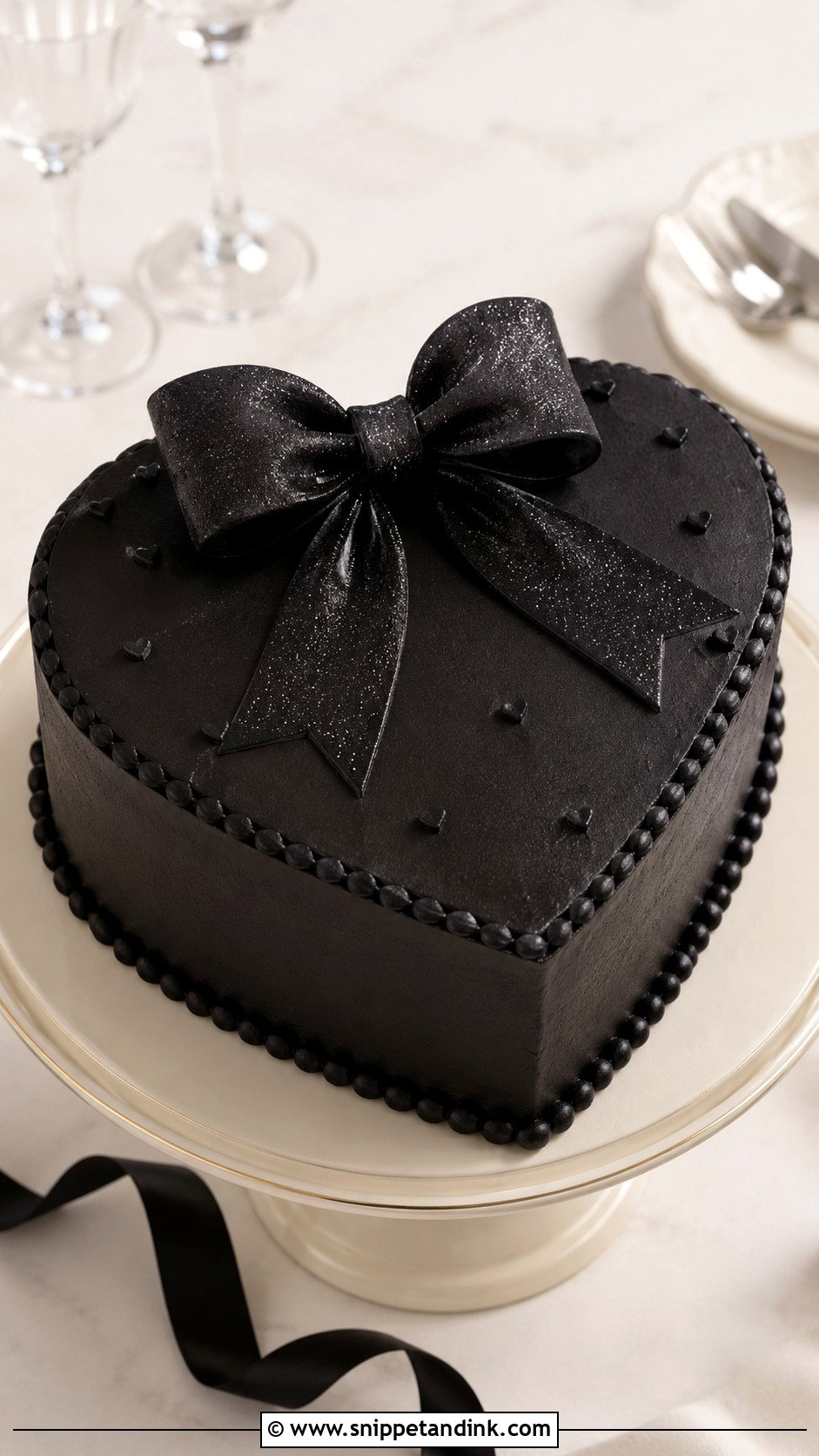 Black Heart Cake With Glitter Bow - Snippet and Ink - 20 Black Heart Cake Ideas with Glitter for Wedding