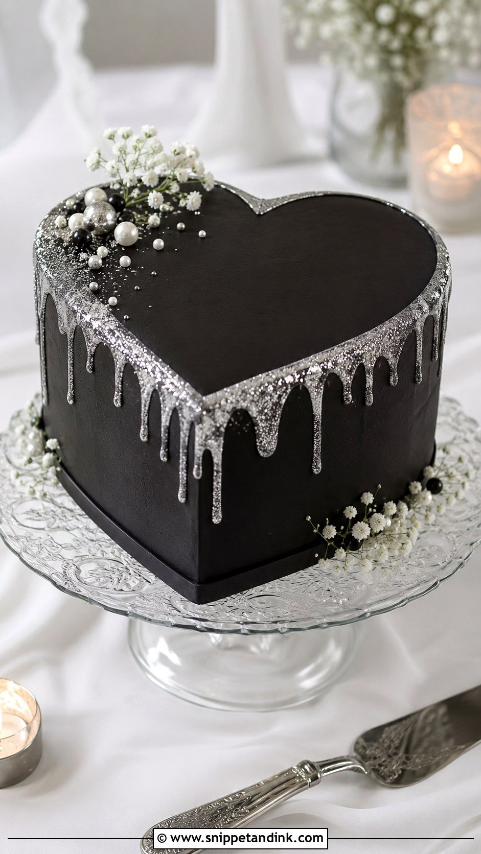 Black Heart Cake With Glitter Drip - Snippet and Ink - 20 Black Heart Cake Ideas with Glitter for Wedding