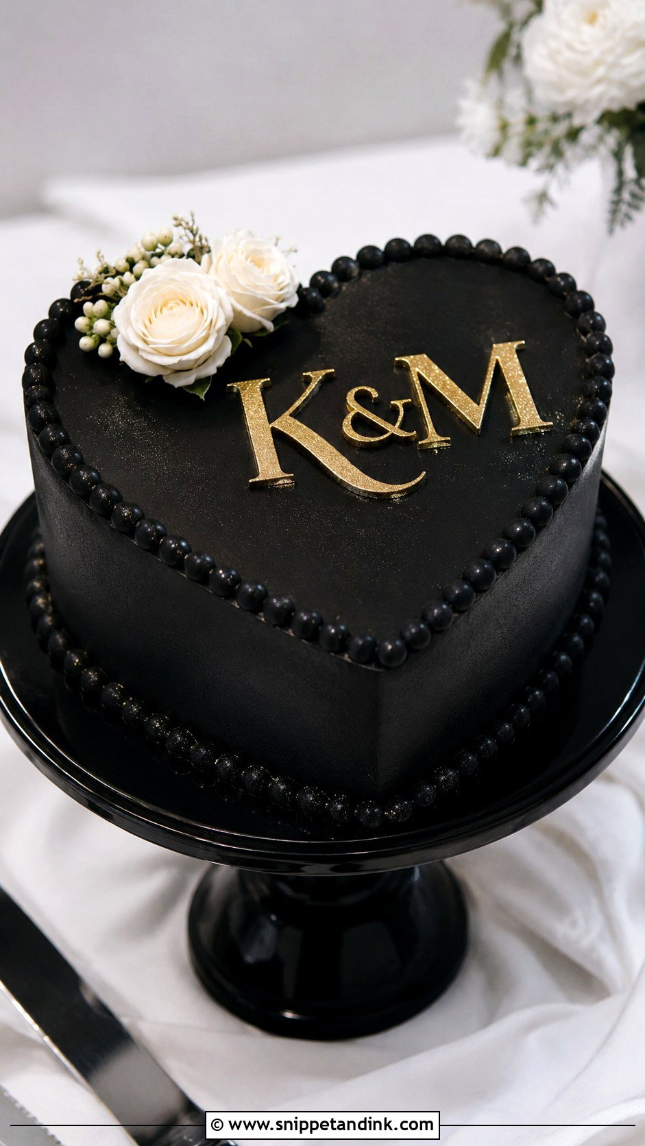 Black Heart Cake With Glitter Monogram - Snippet and Ink - 20 Black Heart Cake Ideas with Glitter for Wedding