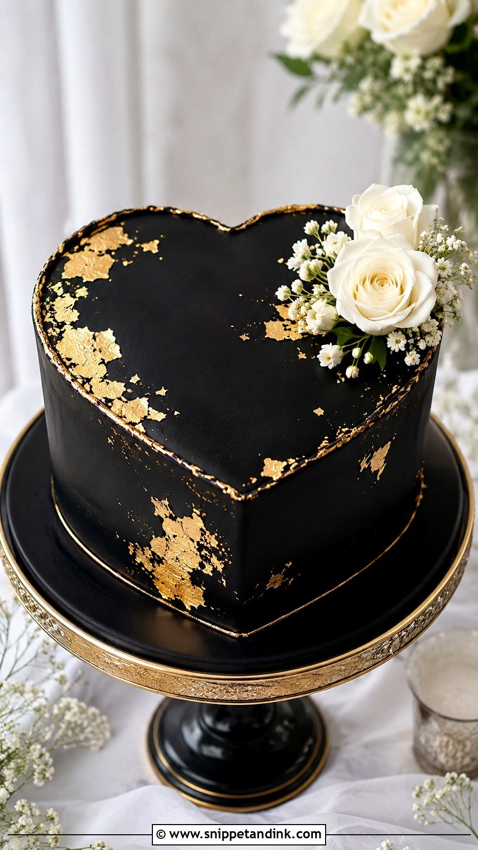 Black Heart Cake With Gold Leaf - Snippet and Ink - 20 Black Heart Cake Ideas with Glitter for Wedding