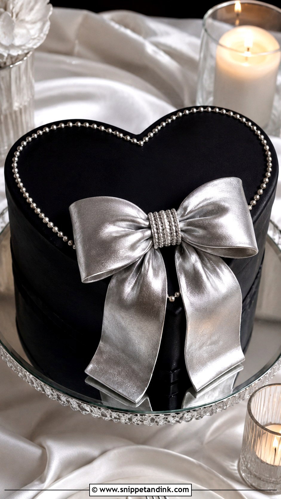 Black Heart Cake With Silver Bow - Snippet and Ink - 20 Black and Silver Heart Cake Ideas for Wedding