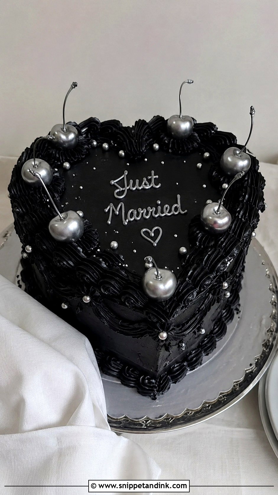 Black Heart Cake With Silver Cherries - Snippet and Ink - 20 Black and Silver Heart Cake Ideas for Wedding