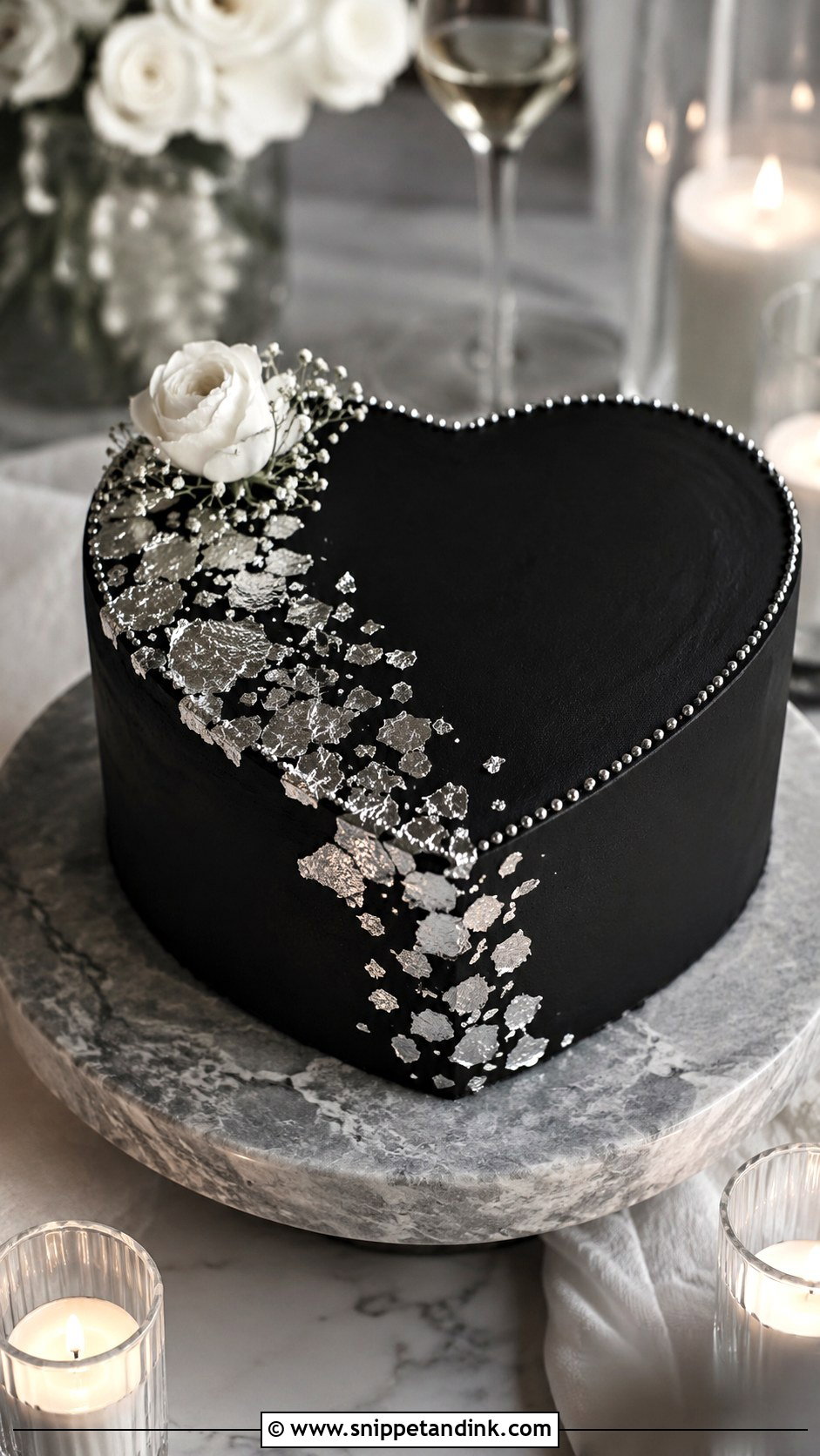 Black Heart Cake With Silver Leaf - Snippet and Ink - 20 Black and Silver Heart Cake Ideas for Wedding