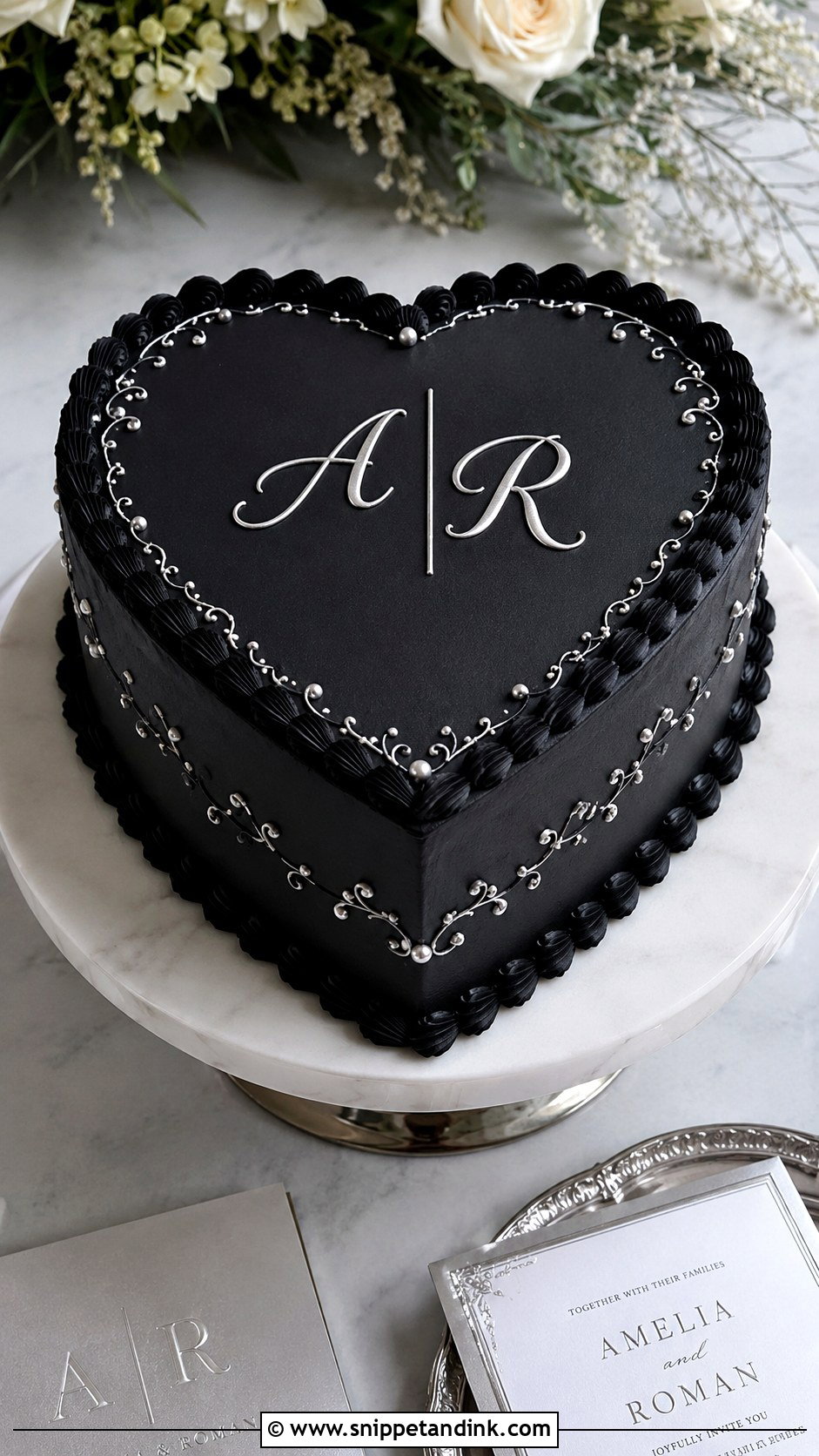 Black Heart Cake With Silver Monogram - Snippet and Ink - 20 Black and Silver Heart Cake Ideas for Wedding