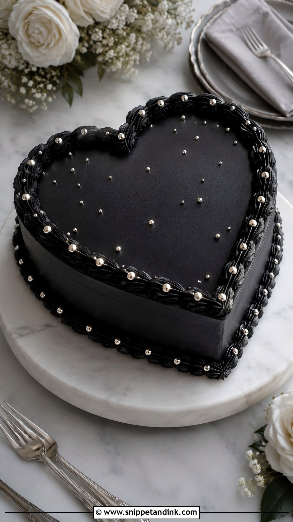 Black Heart Cake With Silver Pearls - Snippet and Ink - 20 Black and Silver Heart Cake Ideas for Wedding