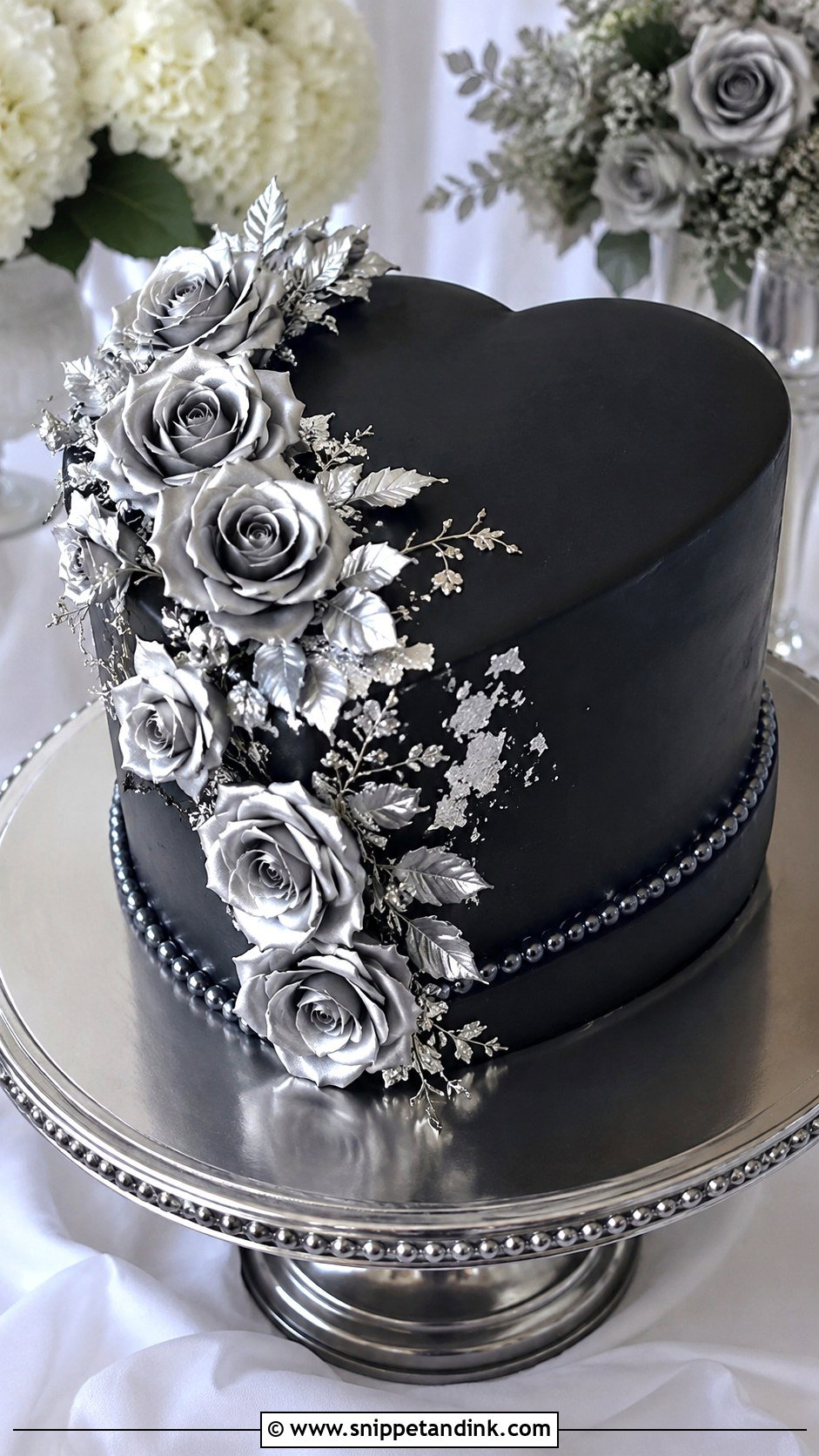 Black Heart Cake With Silver Roses - Snippet and Ink - 20 Black and Silver Heart Cake Ideas for Wedding
