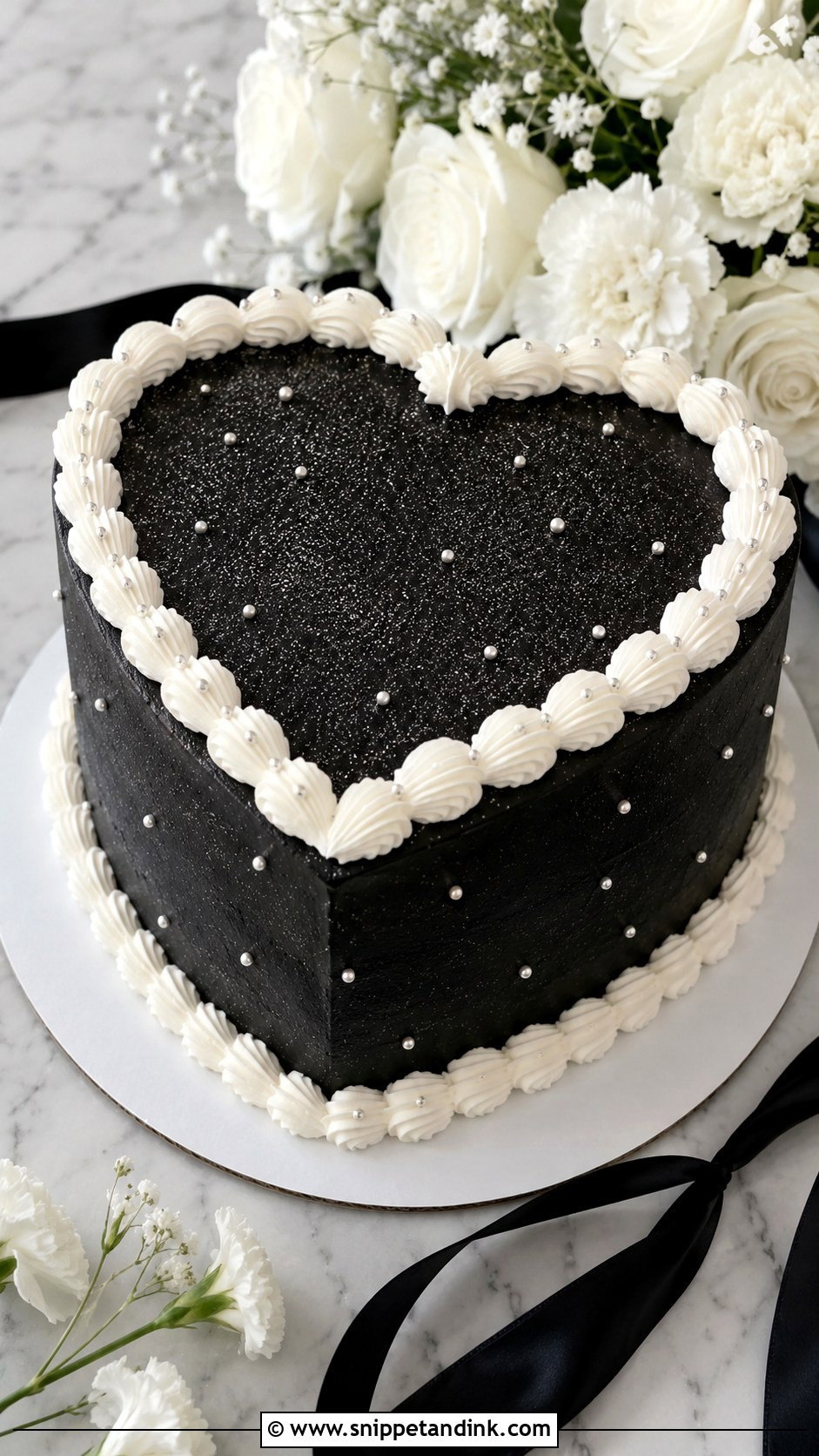 Black Heart Cake With White Piping - Snippet and Ink - 20 Black Heart Cake Ideas with Glitter for Wedding