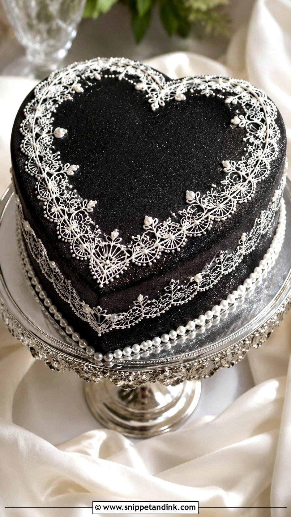 Black Lace Heart Wedding Cake - Snippet and Ink - 20 Black Heart Cake Ideas with Glitter for Wedding