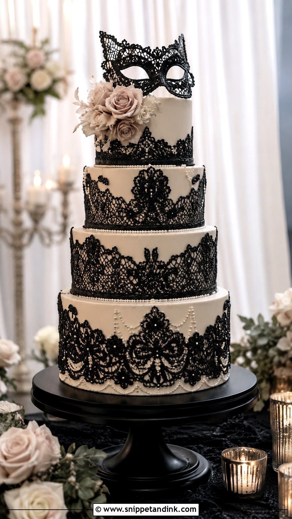 Black Lace Masquerade Wedding Cake - Snippet and Ink - 20 Masquerade Wedding Cake Ideas