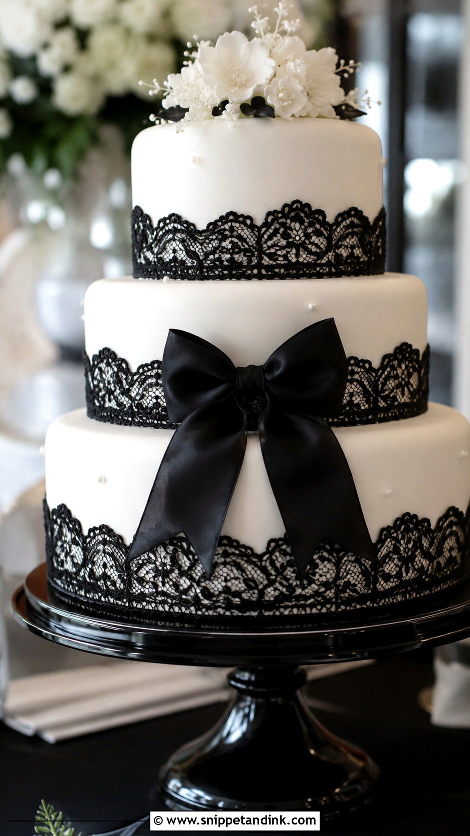 Black Lace Wedding Cake With A Black Bow - Snippet and Ink - 20 Black Lace Wedding Cake Ideas