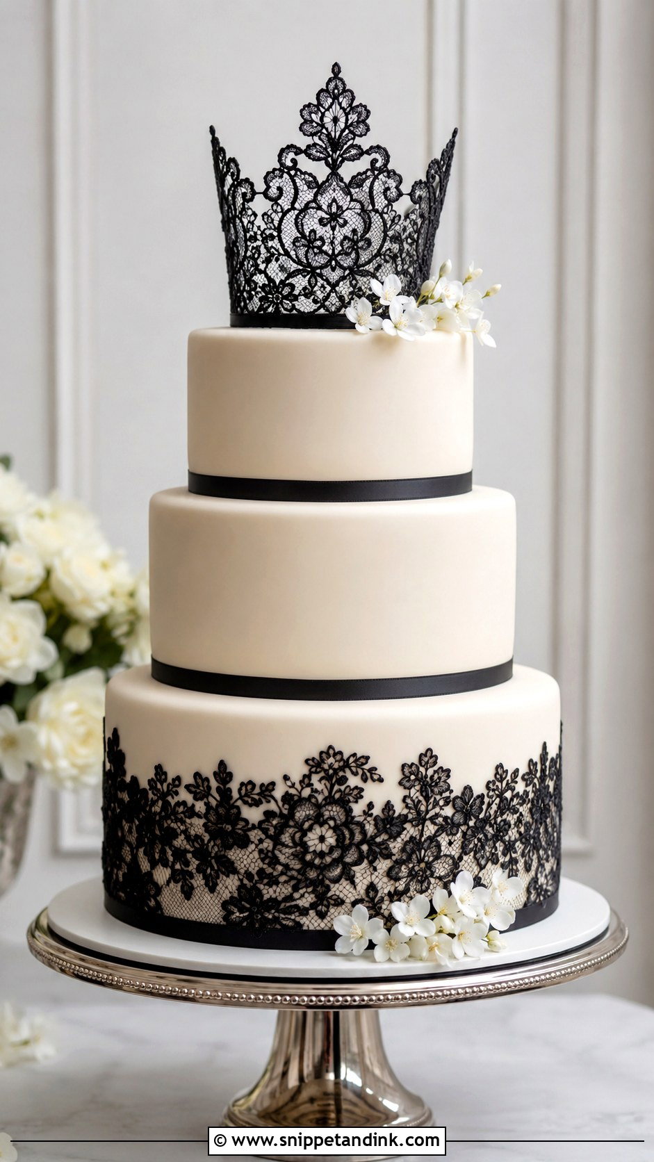 Black Lace Wedding Cake With A Lace Topper - Snippet and Ink - 20 Black Lace Wedding Cake Ideas