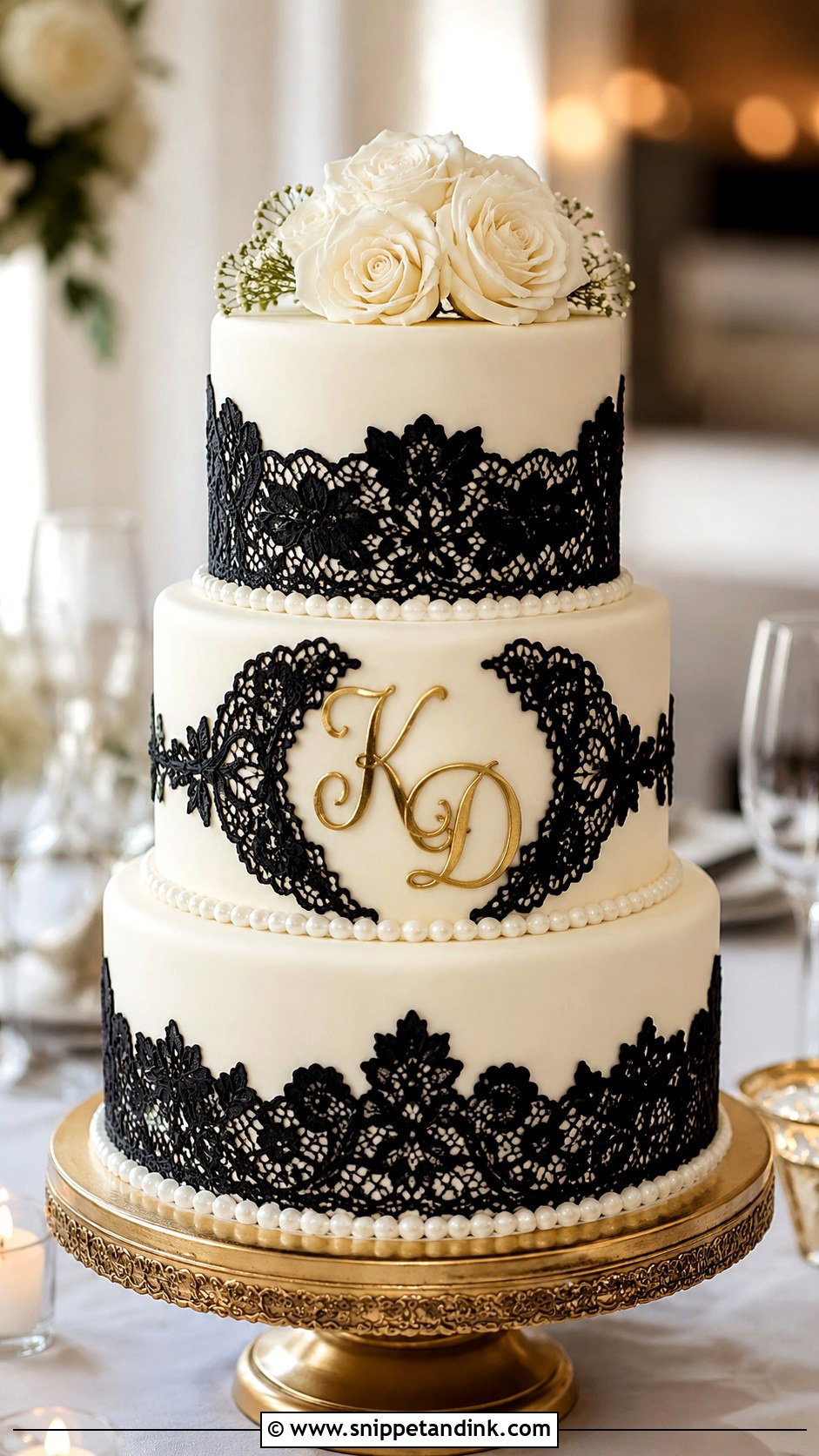 Black Lace Wedding Cake With A Monogram - Snippet and Ink - 20 Black Lace Wedding Cake Ideas