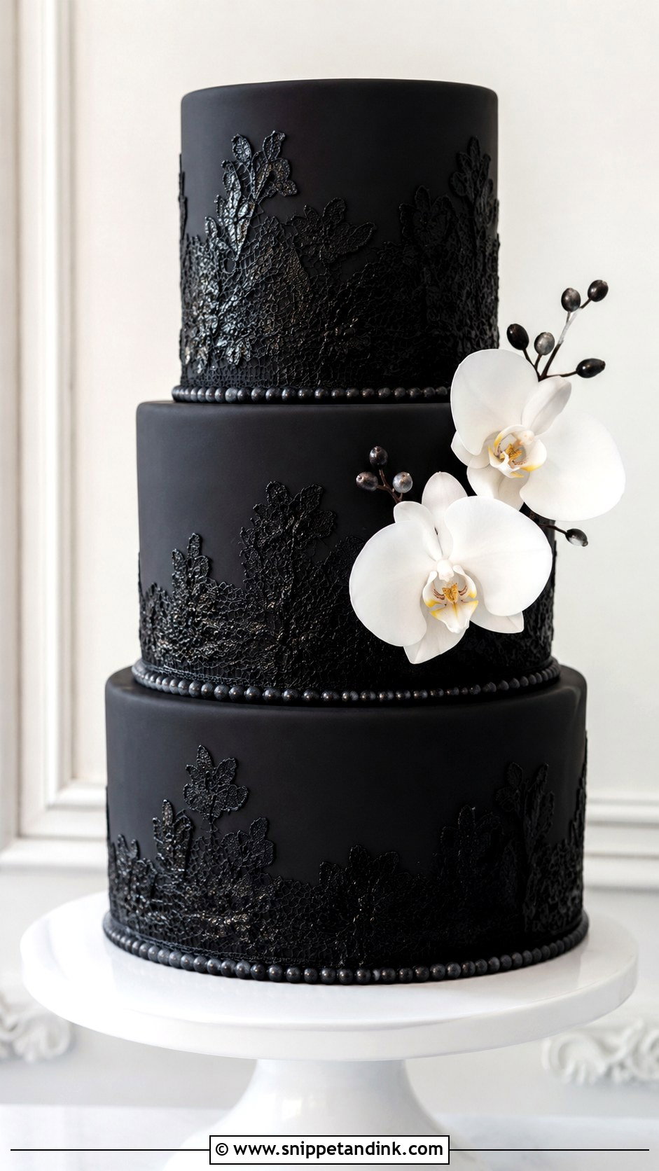 Black Lace Wedding Cake With Black Fondant - Snippet and Ink - 20 Black Lace Wedding Cake Ideas