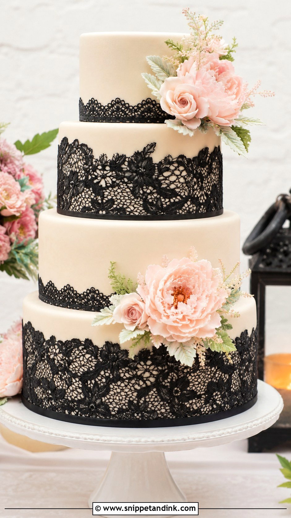 Black Lace Wedding Cake With Blush Flowers - Snippet and Ink - 20 Black Lace Wedding Cake Ideas