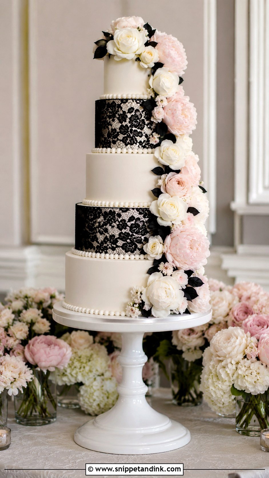 Black Lace Wedding Cake With Cascading Flowers - Snippet and Ink - 20 Black Lace Wedding Cake Ideas