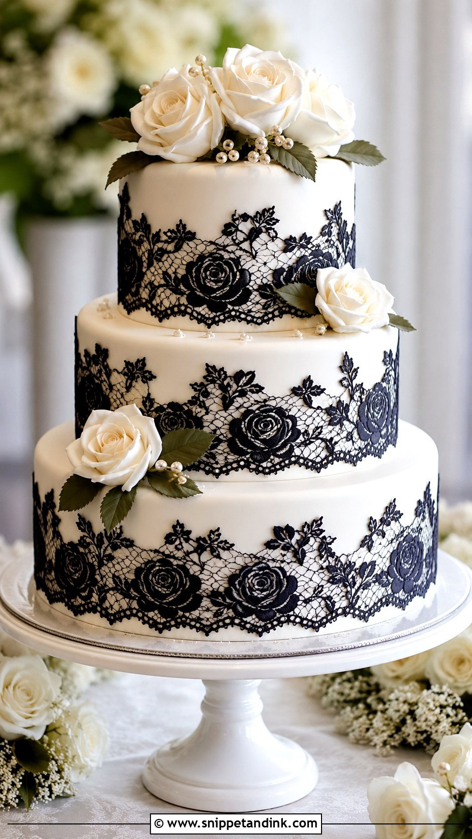 Black Lace Wedding Cake With Floral Lace - Snippet and Ink - 20 Black Lace Wedding Cake Ideas