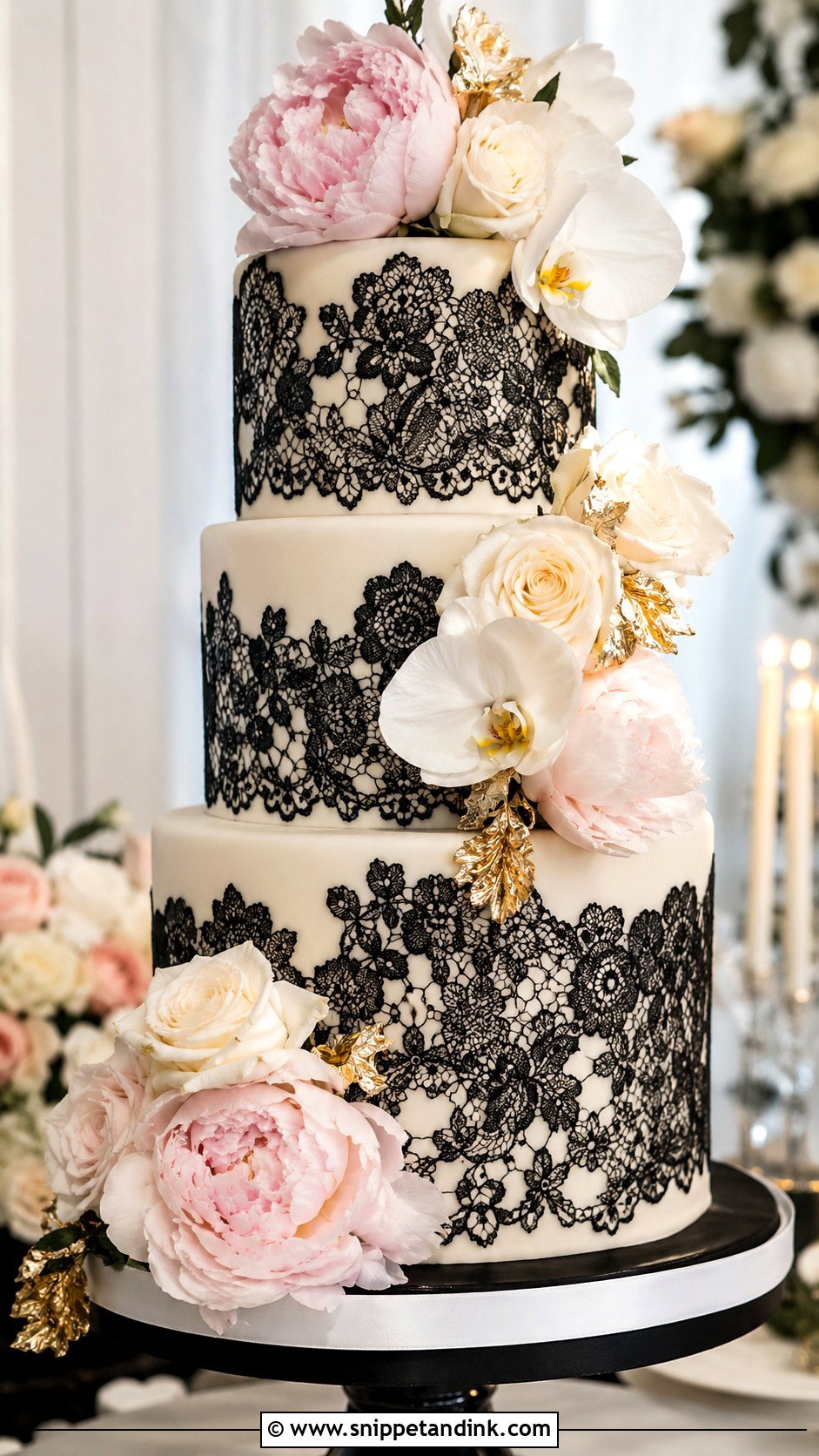 Black Lace Wedding Cake With Flowers - Snippet and Ink - 25 Lace Wedding Cake Ideas with Flowers