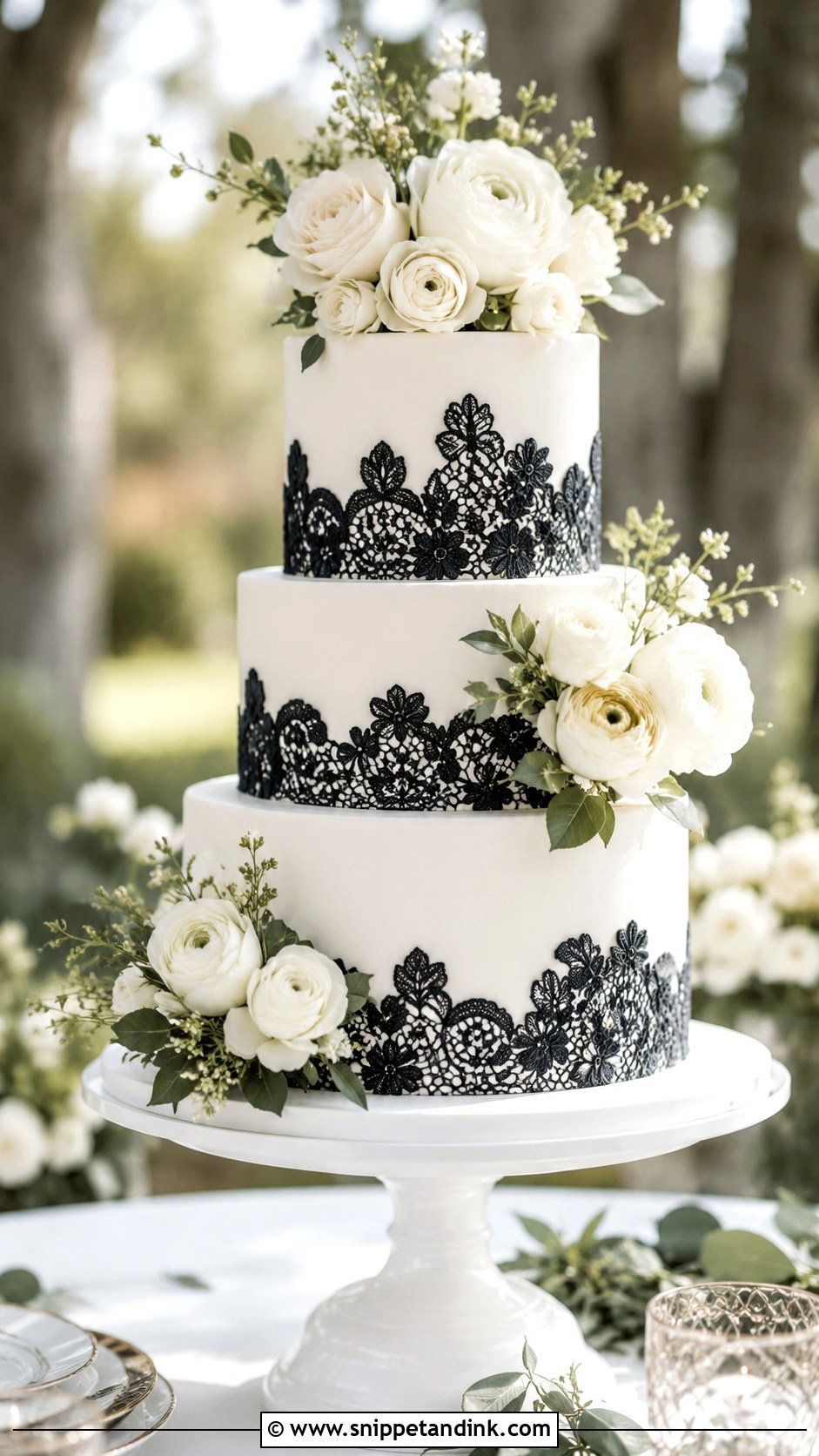 Black Lace Wedding Cake With Fresh Flowers - Snippet and Ink - 20 Black Lace Wedding Cake Ideas