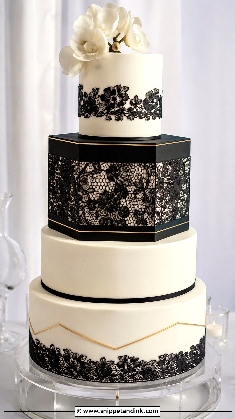 Black Lace Wedding Cake With Geometric Tiers - Snippet and Ink - 20 Black Lace Wedding Cake Ideas